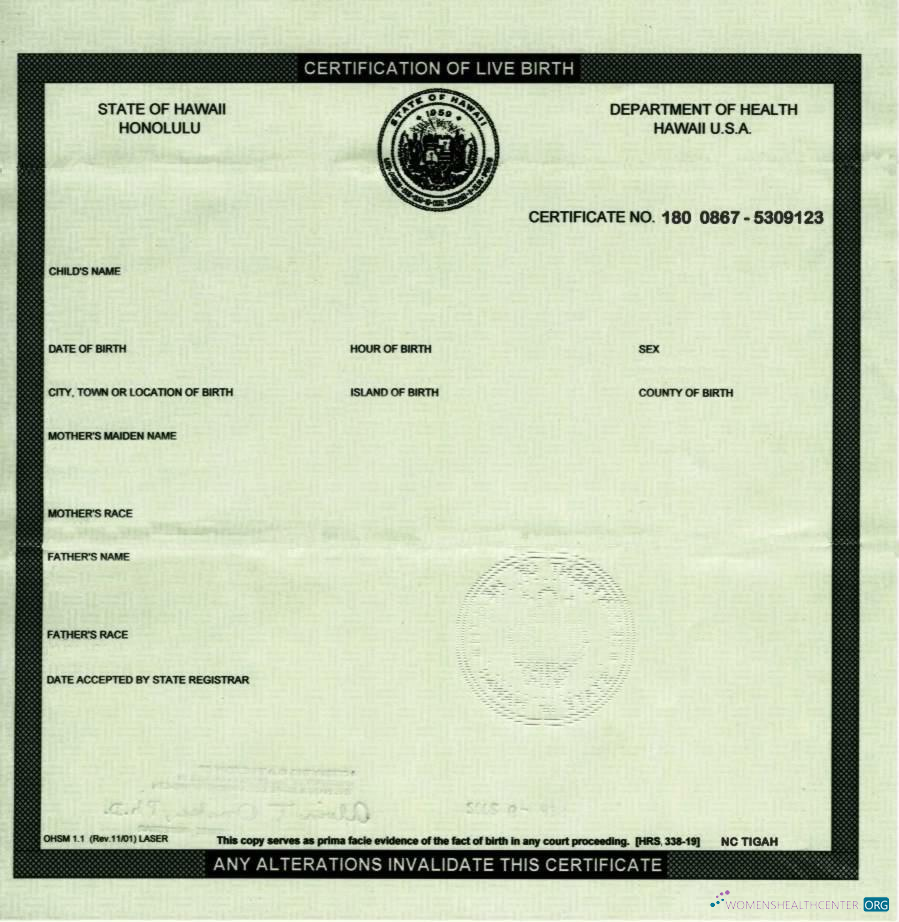 Download United States Department of health Hawaii certification of birth Photoshop template